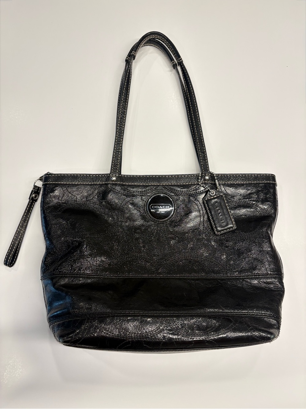 Coach Black Signature C Monogram Stitch Tote Shoulder Bag with Hang Tag
